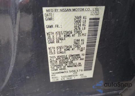 2012 Nissan Xterra Off Road z USA, uszkodzony, nr VIN 5N1AN0NW7CC506376